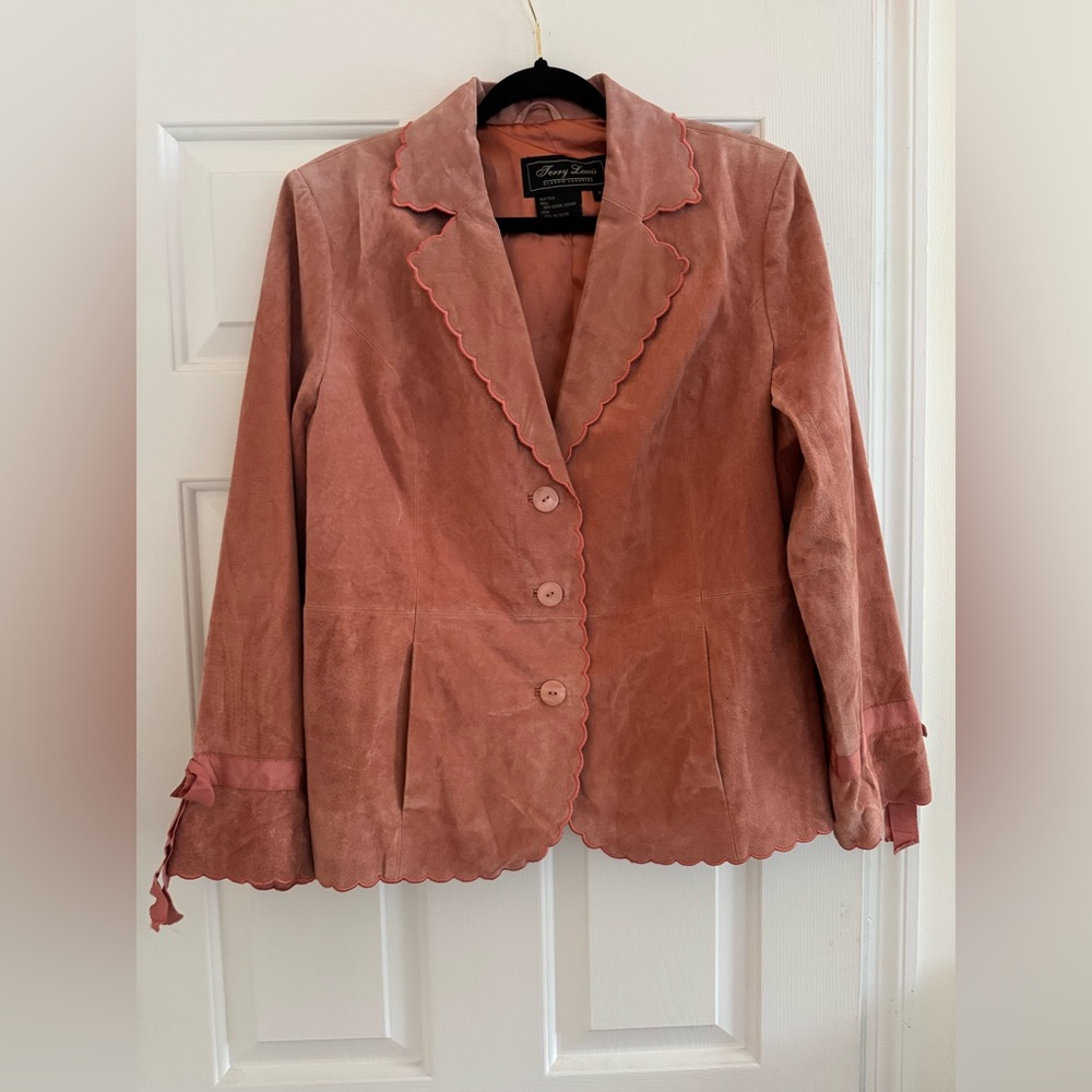Terry Lewis Classic Luxuries Pink Suede Scalloped Edge Leather Jacket Blazer M‎